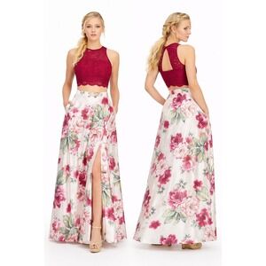 Crystal Dolls Juniors Fit and Flare Pink Lace Slitted Full Gown Size 3 Floral